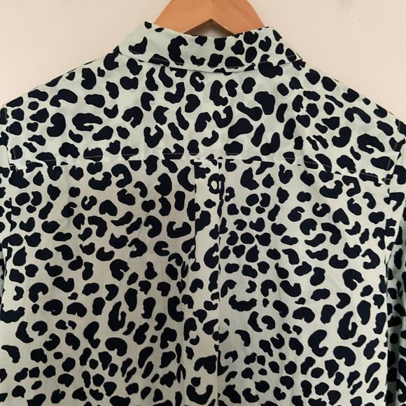 Talbots Sz L Mint Green & Navy Graphic Cheetah Classic Cotton Button Up Shirt - Picture 4 of 10